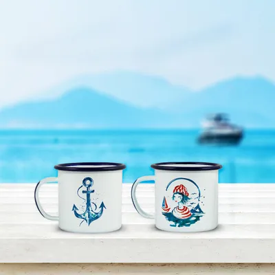 Produktbild von Anemoss Marine Collection Sailor Girl&Anchor Emaille Tassen, Camping Tasse, 350 ml Emaillebecher, Kaffeetasse für Outdoor und Camping, Türkiye Made