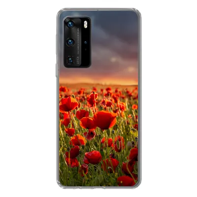 Produktbild von MuchoWow® Handyhülle Schutzhülle Hülle für Huawei P40 Pro Sonnenuntergang über einem Feld von Mohnblumen Silikon Softcase Handy Hülle - Schutz
