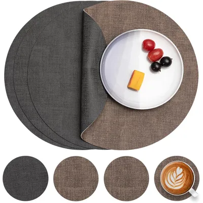 Productafbeelding van Tafelsets, vaatwasmachinebestendig, lederlook, rond, diameter 36 cm, set van 4, grijs/bruin