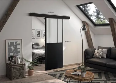 Image de Kit Porte Coulissante Atelier, 204 x 93 x 4 cm, Noir Verre Dépoli, Rail Aluminium, Double Amortisseur