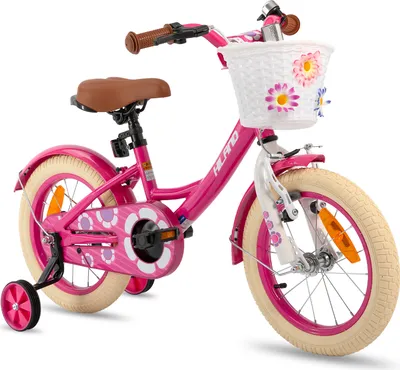 Produktbild von HILAND Petal 16 Zoll Kinderfahrrad für Mädchen ab 4 5 6 7 8 Jahren, mit Stützrädern Korb Handbremse Rücktrittbremse Klingel, Rosa