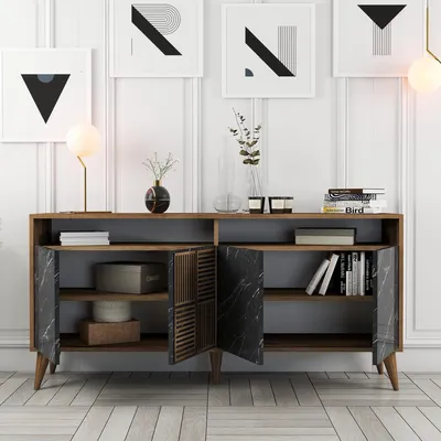 Produktbild von Thuile - Sideboard, 160x35x78h cm Schwarz Marmor, 2 Regale