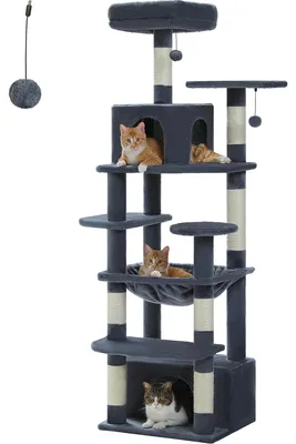 Image de Katzenbaum - Griffoir 164 cm - 5 plateformes - Hamacs et grandes cachettes - Poteaux à griffer - Idéal pour les grands chats d'appartement - Gris foncé