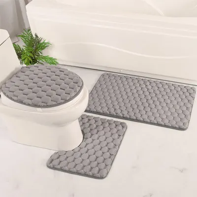 Produktbild von Badematten-Set, 3-teilig Waschbar rutschfest Badteppich Set, Soft Flannel, Badvorleger und U-förmige WC Teppich für Badezimmer, Grau