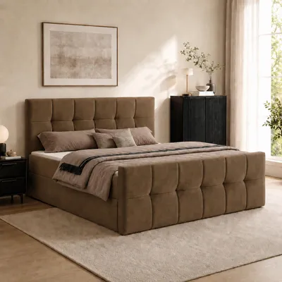 Produktbild von Boxspringbett AUREN FRONT 140x200 cm Komplett-Set mit Bonell-Matratze, Topper und Bettkasten, Samt Braun