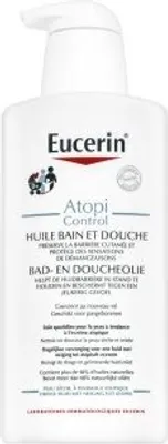 A white bottle of Eucerin Atopi Control Duschöl Bath Oil with a pump dispenser.
