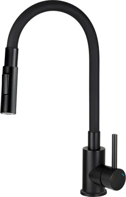 A black kitchen faucet with a flexible spout and a single handle.