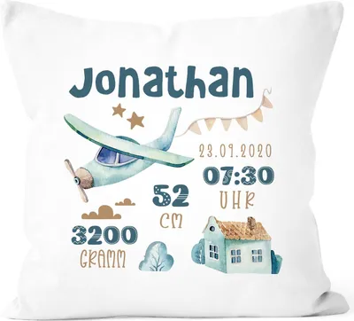 Produktbild von personalisierbares Kissen zur Geburt, Geburtskissen Flugzeug, Namenskissen Watercolor Geschenk Geburt Baby SpecialMe® weiß 40cm x 40cm