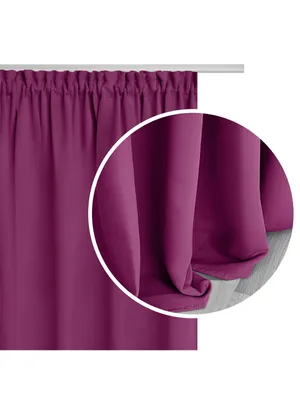 A close-up of a purple curtain hanging from a rod, with a magnified inset showing the fabric texture and hem.
