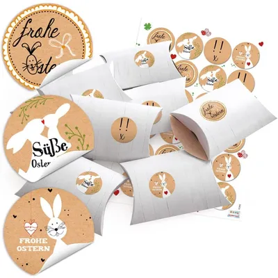 Produktbild von 10 kleine Geschenkboxen Geschenk Schachteln Kartons Holz Optik weiß 14,5 x 10,5 cm 3 cm hoch + 24 runde Aufkleber 4 cm Kraftpapier Frohe Ostern Sticker Verpackung schwarz weiß braun