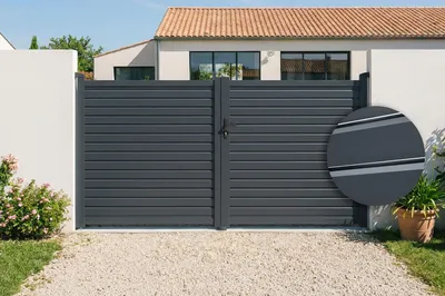 Produktbild von CALANCIA 3 m H. 160 cm graues Aluminium-Schwingtor + 2 EIFEL 20 x 20 cm H. 190 cm Pfosten