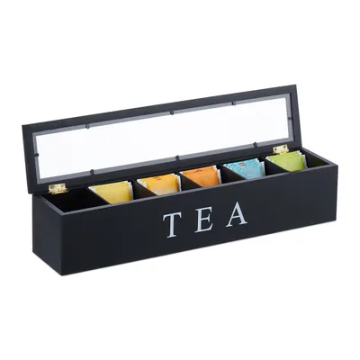 Produktbild von Relaxdays Teebox, 6 Fächern, Bambus, H x B x T: 9 x 43,5 x 9 cm, für Tee & Kaffeepads, Teebehälter mit Deckel, schwarz