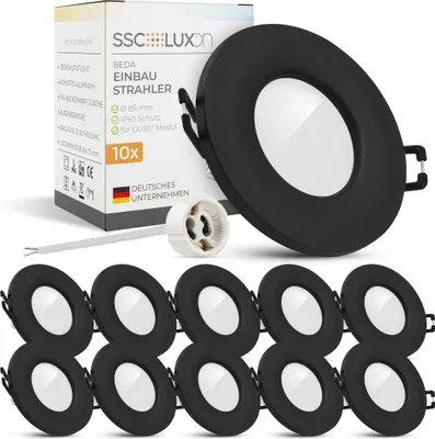 Produktbild von SSC-LUXon 10 Stück BEDA Einbaustrahler schwarz rund flach IP65 Spotlight für GU10 (ohne Leuchtmittel) - Einbauleuchte für Bad & Außen