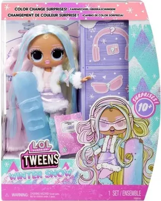 The image shows the packaging of an L.O.L. Surprise Tweens doll, Winter Snow edition, with accessories.