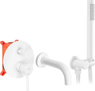 A white bathroom faucet set with a shower head and a concealed valve.