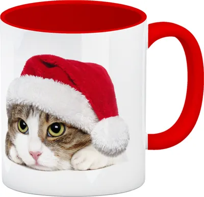 Produktbild von Kaffeebecher mit niedliche Katze und Nikolausmütze Kaffeebecher Rot