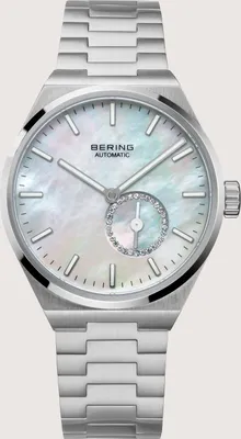 A Bering automatic watch with a mother of pearl dial and a silver metal bracelet, shown from a front-facing angle against a white background.
