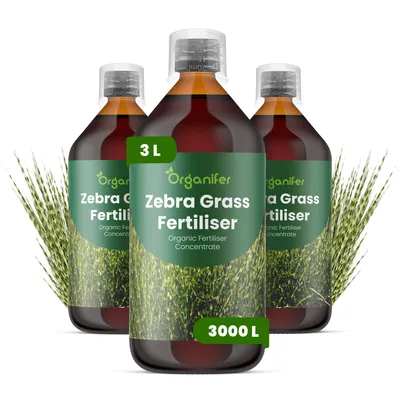 Obrázok produktu pre Tekuté hnojivo pre zebratrávu, 3x 1 liter – vzorec NPK 2-1-8 – Vhodné pre zebratrávu – Podporuje silný rast, zdravé korene a stabilitu – Organický produkt