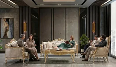 Image de Élégant ensemble de salon 3+3+1+1 avec une table basse raffinée