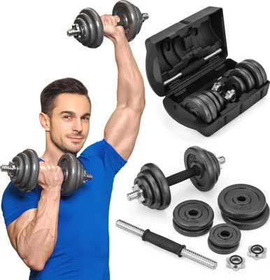 A man is holding dumbbells while a set of dumbbells and a carrying case are displayed.