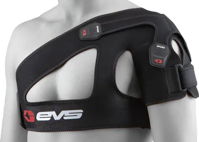 A person wearing a black EVS SB03 shoulder brace.