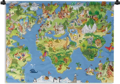 Produktbild von MuchoWow® Wandteppich Wandbehang Weltkarte - Kinder - Natur - Tiere - Blau - Grün 120x90 cm Tapisserie Dekoration Wandtuch - Wohnen - Aufhänger für die Wand