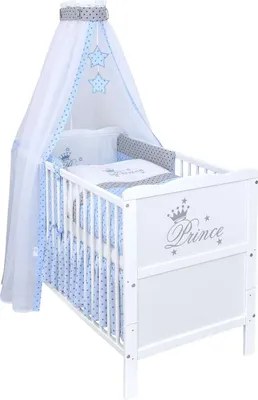 Produktbild von Baby-Delux Babybett Kinderbett Gitterbett Prince 60x120 Weiß inkl. 10-tlg Prince Stars Bettwäsche Set Matratze, Beißschienen zum Schutz