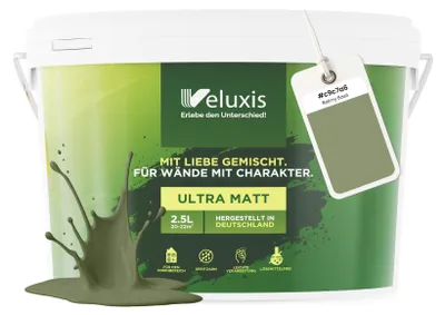 Produktbild von Wandfarbe Grün Salbeigrün Beige Matt Innenfarbe – Deckkraft Klasse 1, VOC-frei, Ohne Grundierung, Tropfarm – Wohnzimmer & Schlafzimmer – 2,5L – Veluxis (Balmy Basil)