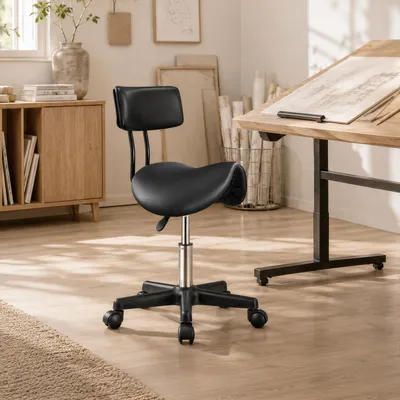 Produktbild von SONGMICS Sattelhocker, Ergonomischer Rollhocker aus Kunstleder, Höhenverstellbar, 56 x 56 x 68,5-82,5 cm, Schwarz