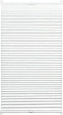 A white pleated blind is shown against a white background.