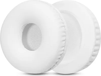Two white ear pads for headphones are shown on a white background.