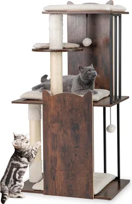 Image de COSTWAY Arbre à chat bois et métal, 112 cm, Arbre à chat avec griffoirs, 4 plates-formes, balles & coussins amovibles, Vintagebraun