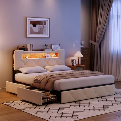 Produktbild von UnboxG Polsterbett 140x200cm mit Ladefunktion, LED, USB & Typ-C, Doppelbett mit Lattenrost und 4 Schubladen, Stauraumbett, Samt, Beige