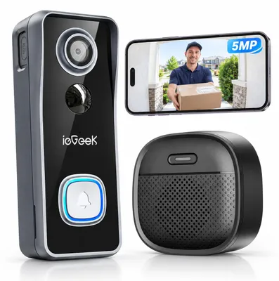 Productafbeelding van ieGeek 5MP Wi-Fi videodeurbel met camera, 2,5K HD, draadloze deurbel, compatibel met Alexa, PIR-bewegingsdetectie, nachtzicht, intercomfunctie