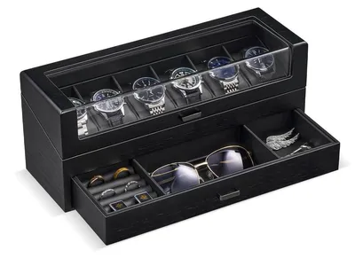 Imagen del producto de Caja de relojes - Madera - 6 compartimentos - Tapa transparente - Negro