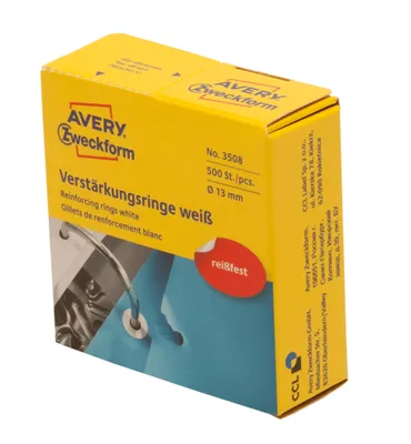 Produktbild von Avery Zweckform 3508, Lochverstärkungsringe, ? 13 mm, 500 Verstärkungsringe / 1 Rolle, weiß