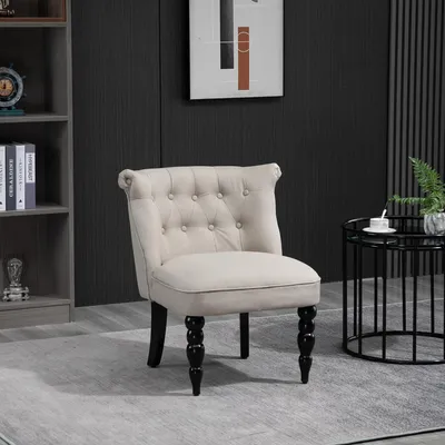 Produktbild von Polstersessel Vintage Knopfheftung, Lesesessel Relaxsessel Leinenoptik Kautschukholzbeine, Beige | 67 x 67 x 78 cm | 9 kg | verstellbare Fußpolster