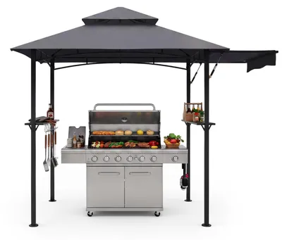 Produktbild von COSTWAY Grillpavillon mit ausziehbarer Seitenmarkise, 2 Seitenregalen & 8 Haken, Pavillon wetterfest, Grillunterstand Grillüberdachung, 247x150x254cm