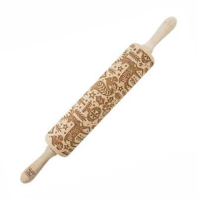 Immagine prodotto di Mattarello in legno MoodForWood, inciso, 43 cm con manici, perfetto per la pasticceria - motivo natalizio scandinavo