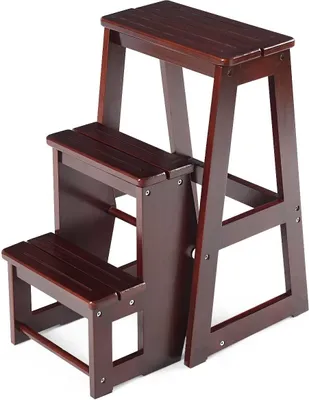 A three-step wooden step stool is shown against a white background.