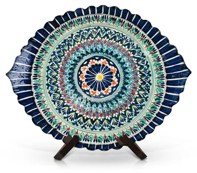 Produktbild von Lagan, geschnitzt, oval, Mehrob M, Rishtan Keramik, Ø 42-35 cm Teller Handarbeit