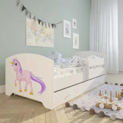 Produktbild von Kinderbett 160x80 cm mit Matratze und Schublade, Rausfallschutz & Lattenrost weiß mit Einhorn Motiv