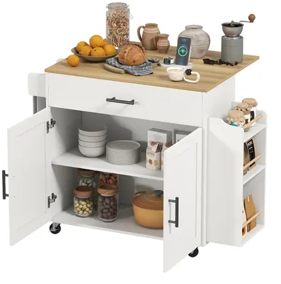 Produktbild von Kücheninsel, Küchenwagen auf Rollen, mit abklappbarer Arbeitsplatte, Schublade, Ablage, 120 x 68 x 85 cm, Weiß