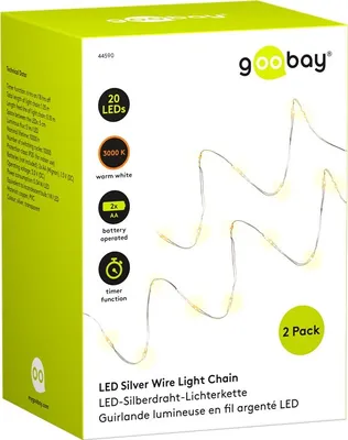 Produktbild von Goobay 2x 20er LED-Silberdraht-Lichterkette, inkl. Timer, Universalstreifenleuchte, Ambiente, Drinnen, Kupfer, Polyvinylchlorid (PVC), IP20, Warmweiß
