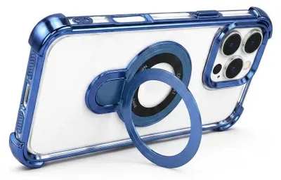 Produktbild von MagSafe Handyhülle für iPhone 16 Transparent Blau – Case mit 360° drehbarem Ring-Ständer, stoßfeste Schutzhülle mit Kameraschutz