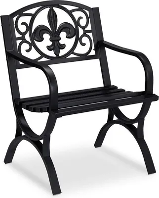 Zdjęcie produktu dla Krzesło ogrodowe w stylu vintage, meble ogrodowe ze stali, wyjątkowo szerokie, w stylu antycznym, 85,5 x 60 x 56 cm, czarne, z podłokietnikami