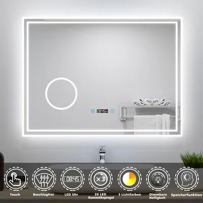 A modern LED bathroom mirror with integrated features displayed on a vanity.