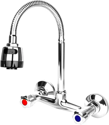 Produktbild von Wandmontierter Einhebelmischer aus Messing – 360° schwenkbarer Wasserhahn für das Waschbecken – Warm- und Kaltwasserregler – Wandarmatur für Küche und Waschbecken – 2 verschiedene Wasserabflussmodi