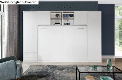 Produktbild von Schrankbett horizontal HB 140 x 200 mit Aufsatz und 2 Schränken weiß Hochglanz Fronten