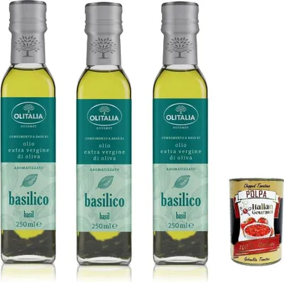 Produktbild von Olitalia Olio Condimento a Base di olio extra vergine di oliva all'aroma di Basilico, Extra Natives Olivenöl Basilikum geschmack 3x 250ml + Italian Gourmet polpa 400g